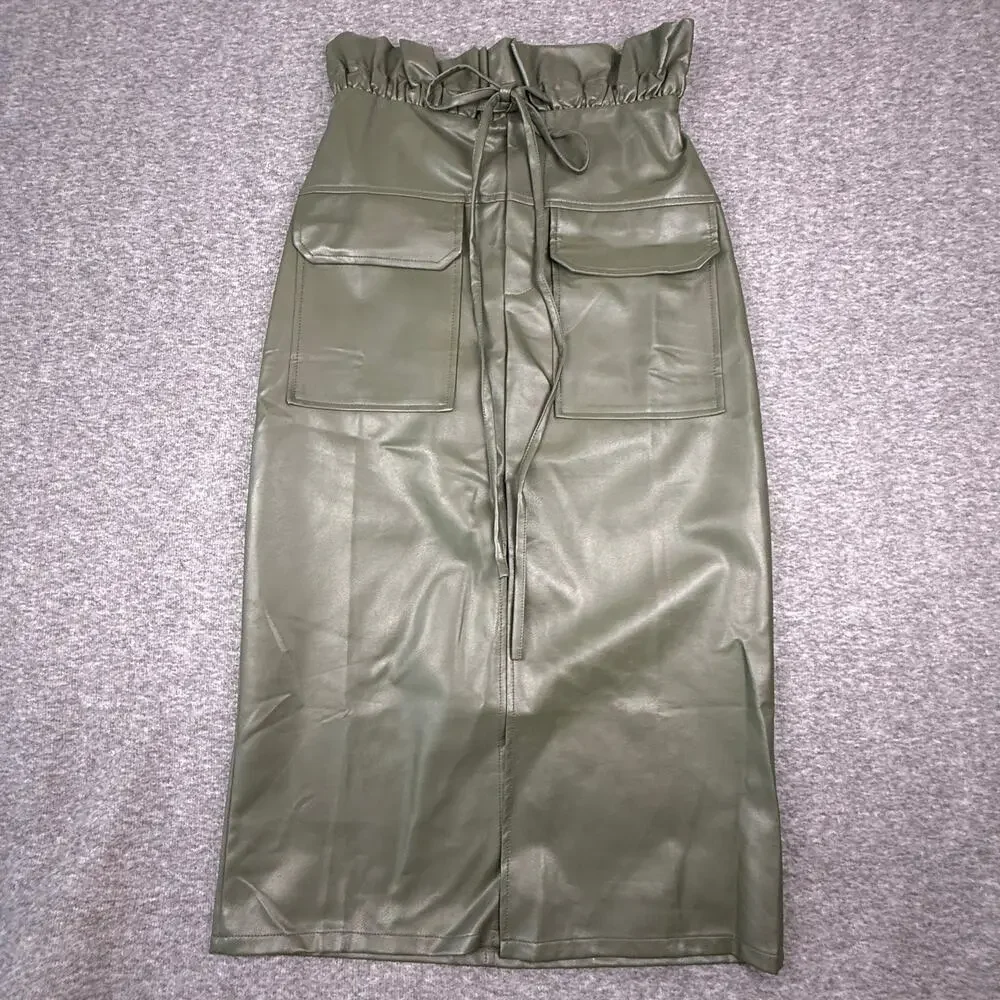 Gracia Olive Faux Leather Cargo Midi Skirt S